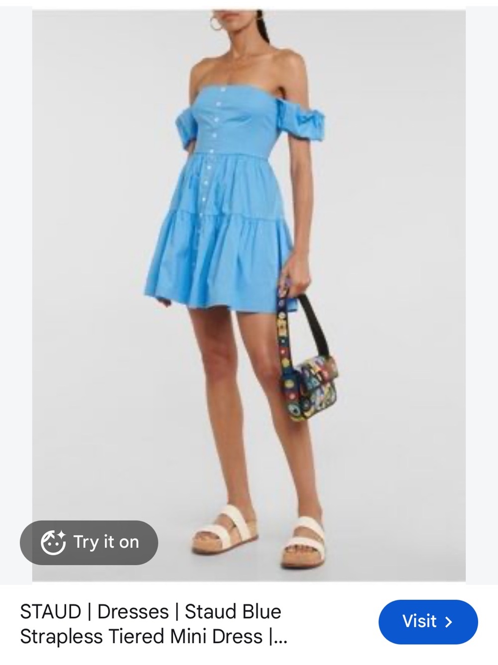 STAUD Elio Sky Blue Off-Shoulder Tiered Mini Skirt